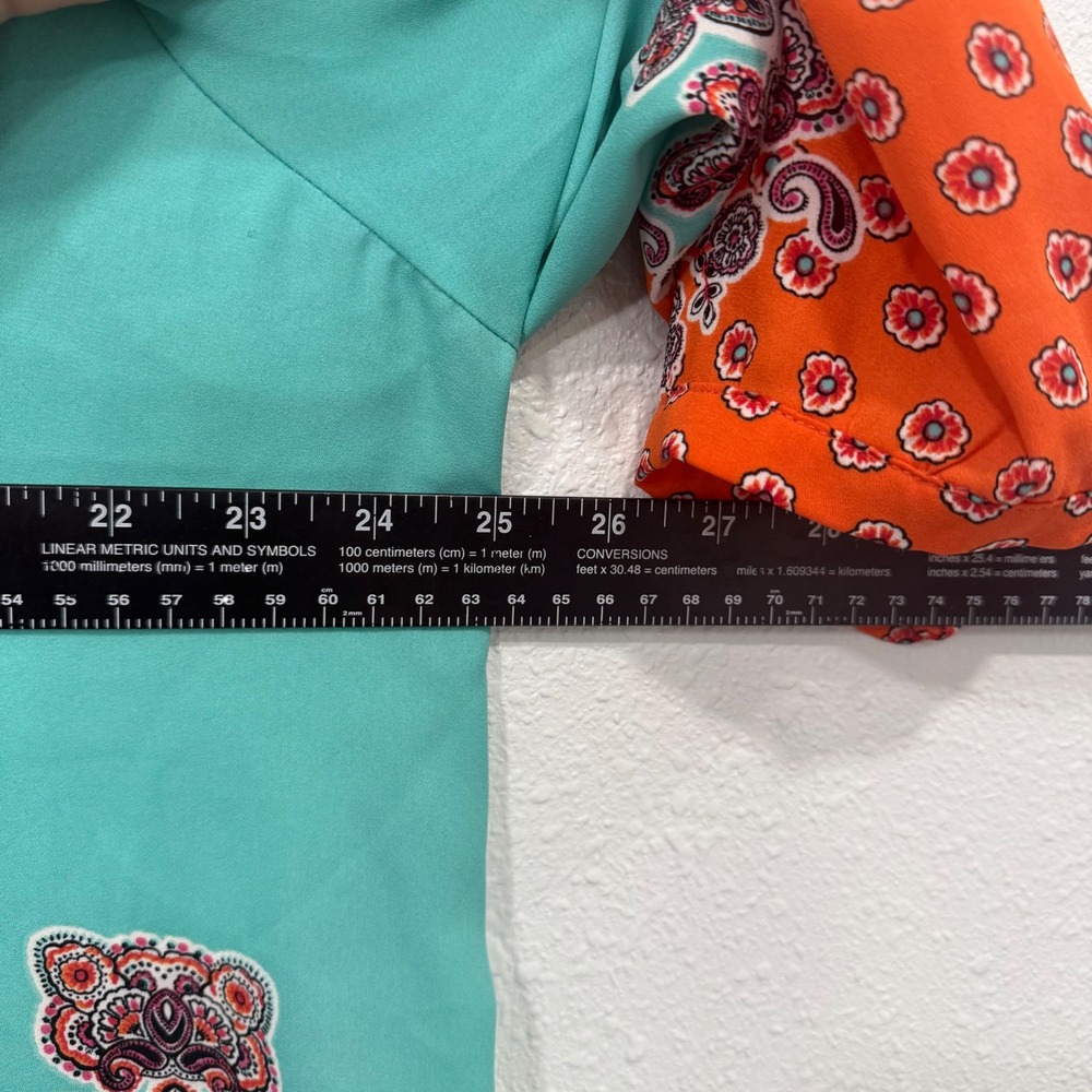 Rose + Olive Womens 2X Teal Orange Paisley Floral Boho Pintuck Blouse Top - Picture 6 of 8